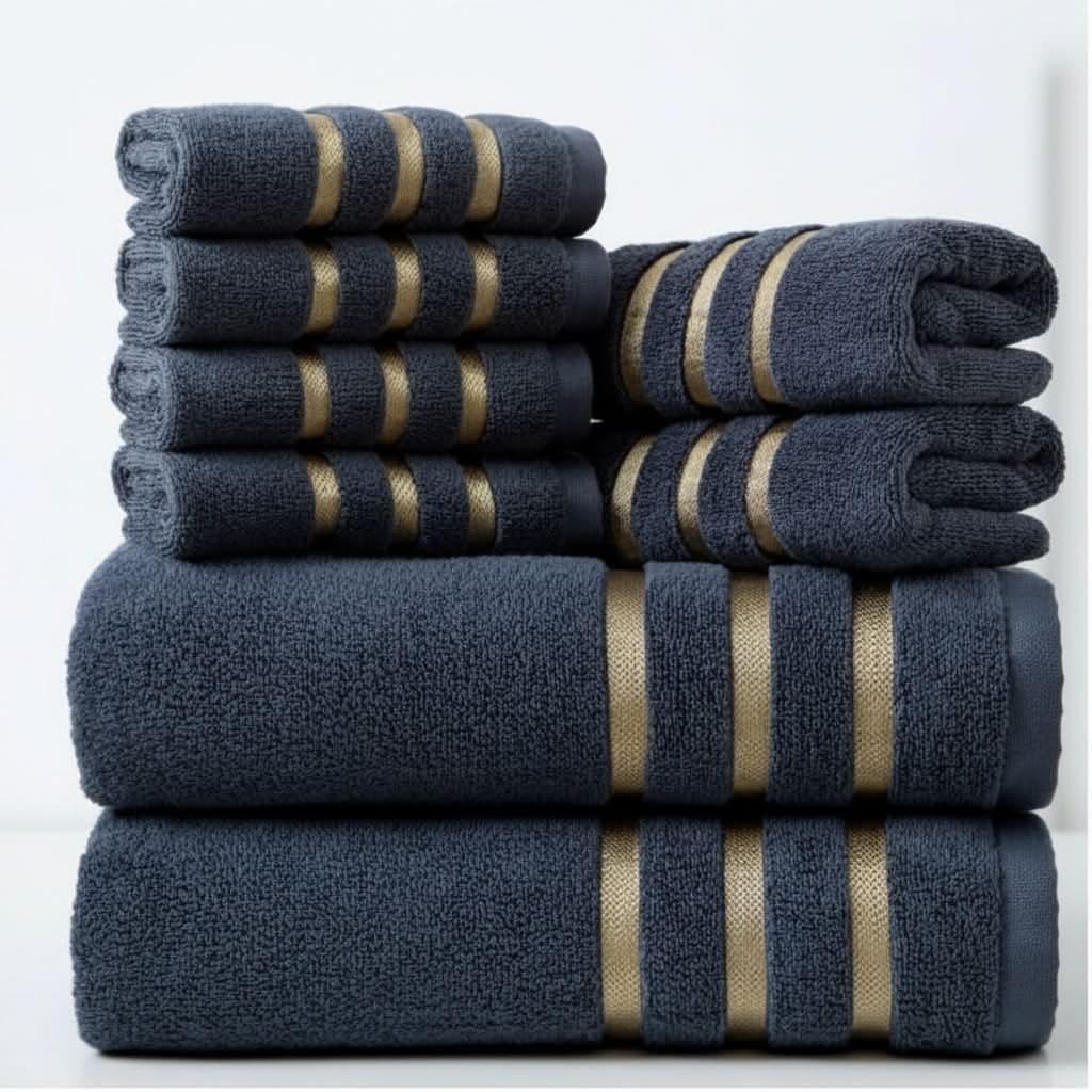 Bath Towel Set with Terry Cloth Gold Stripes and Woven Border 8-Piece