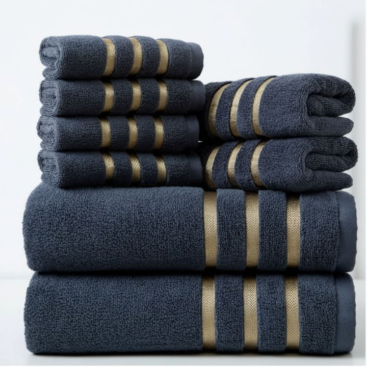 Bath Towel Set with Terry Cloth Gold Stripes and Woven Border 8-Piece
