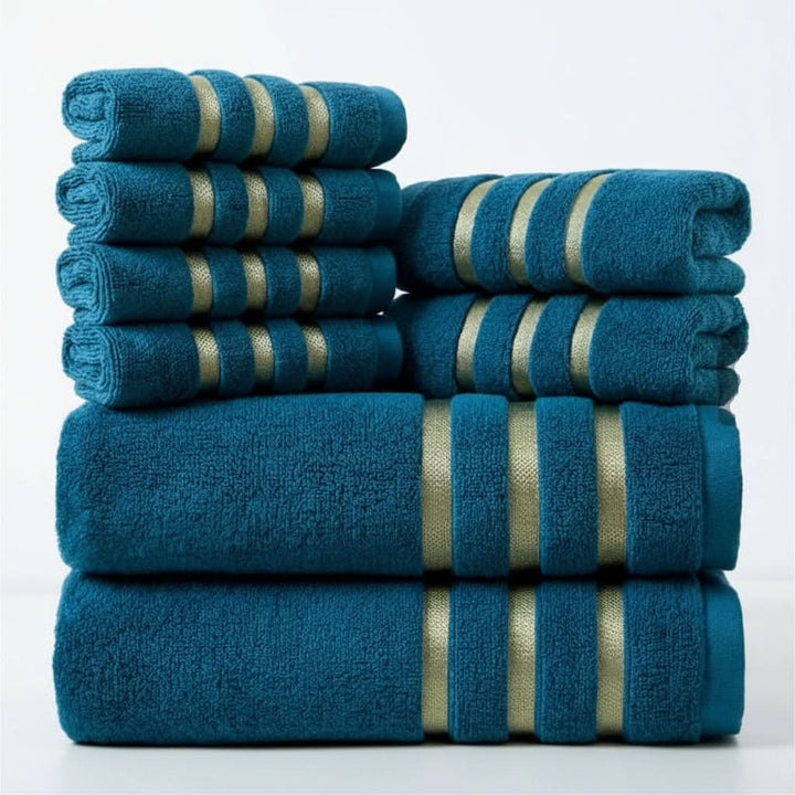 Bath Towel Set with Terry Cloth Gold Stripes and Woven Border 8-Piece