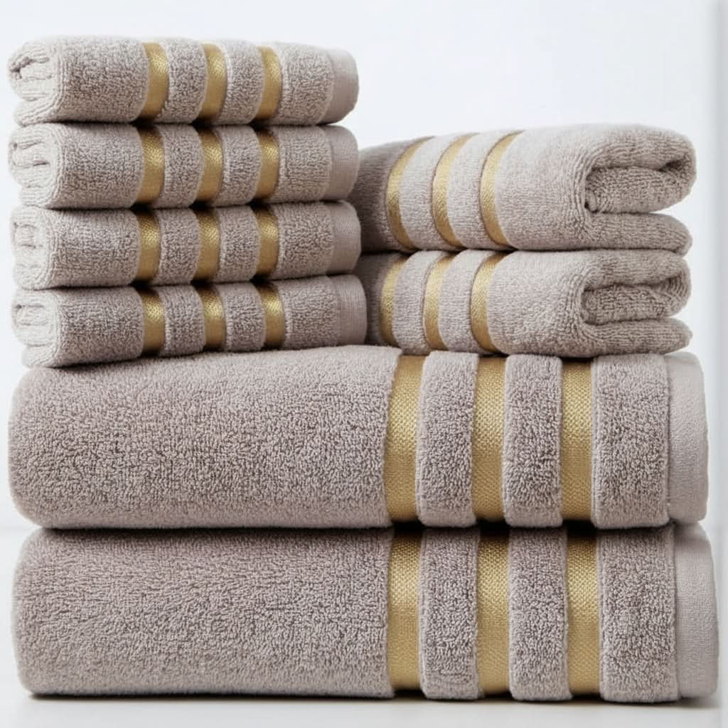 Bath Towel Set with Terry Cloth Gold Stripes and Woven Border 8-Piece