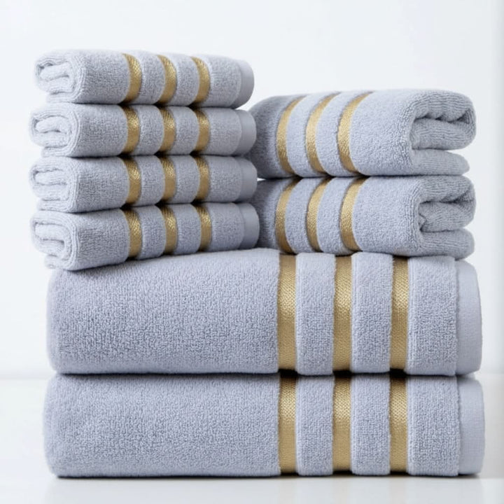 Bath Towel Set with Terry Cloth Gold Stripes and Woven Border 8-Piece