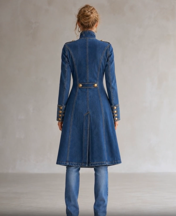 Women's long military-style double-breasted coat with officer collar