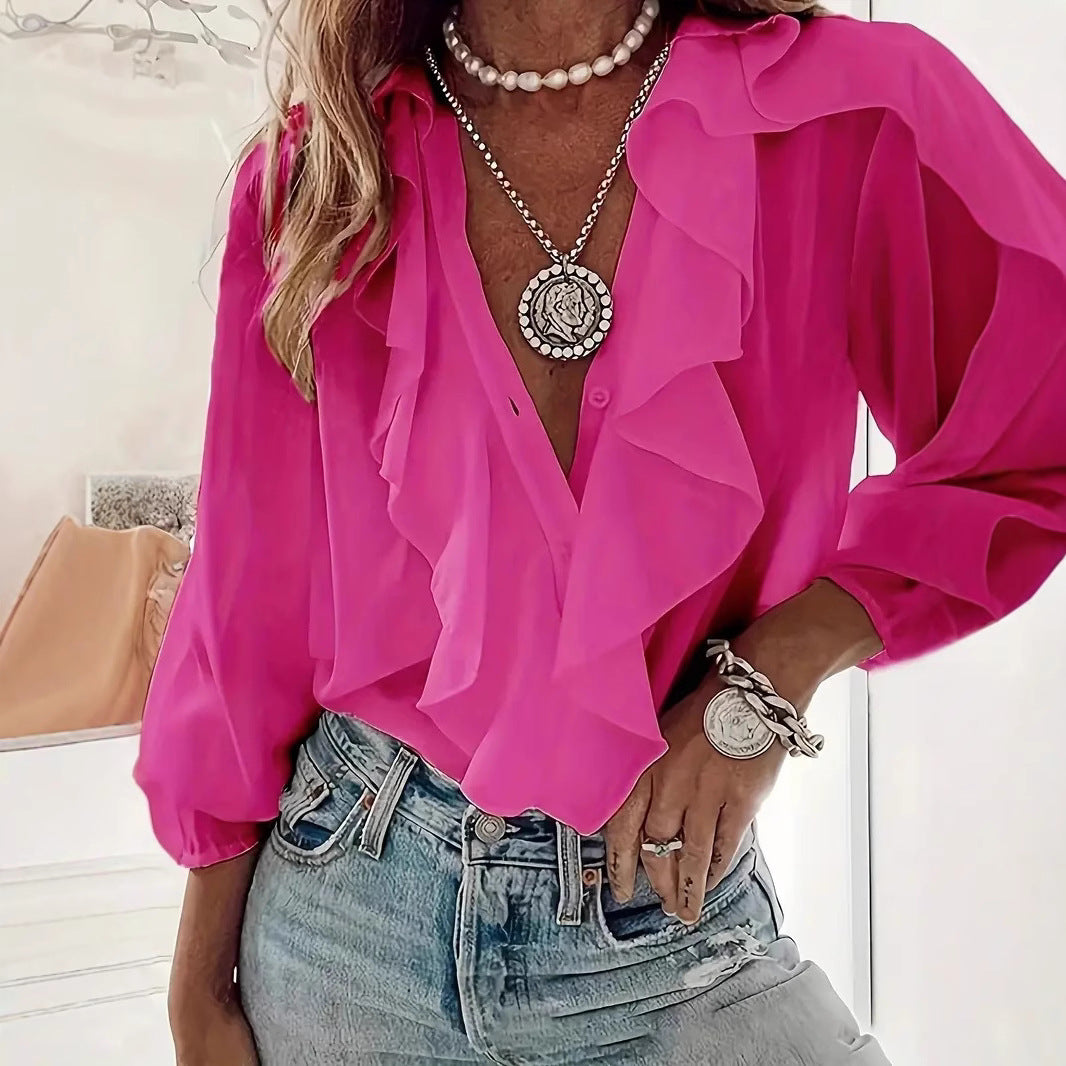 Ruffled-trim Shirt V-neck Long-sleeve Top Daily Commute Women's Clothing