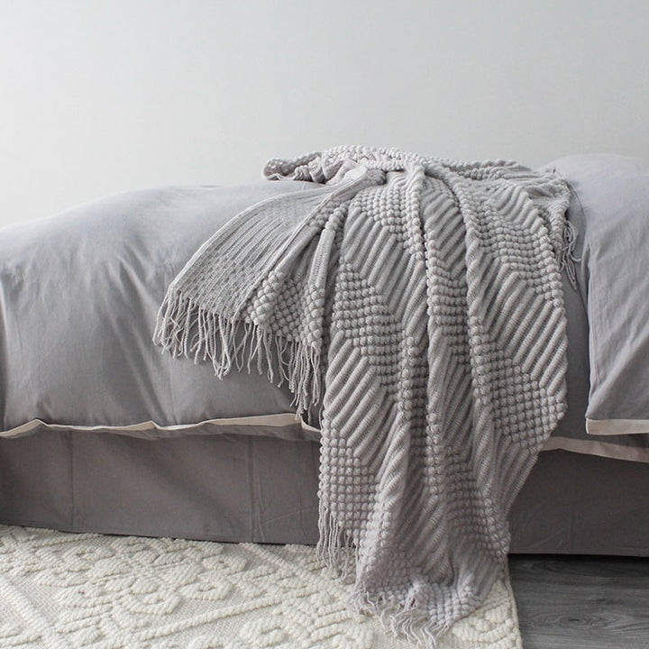 Chunky Knit Throw Blanket with Fringe Textured Popcorn Super Soft Polyester Sofa Size 127x170cm