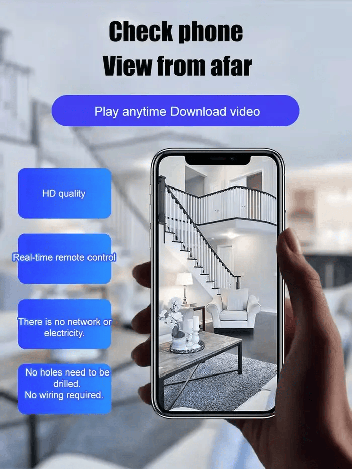 Mini 1080P HD WiFi security camera – records video and audio.