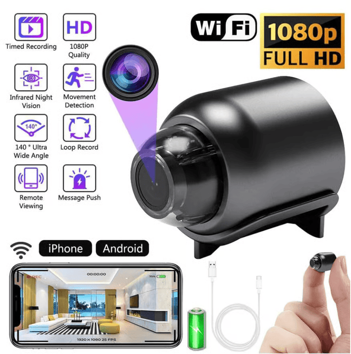Mini 1080P HD WiFi security camera – records video and audio.