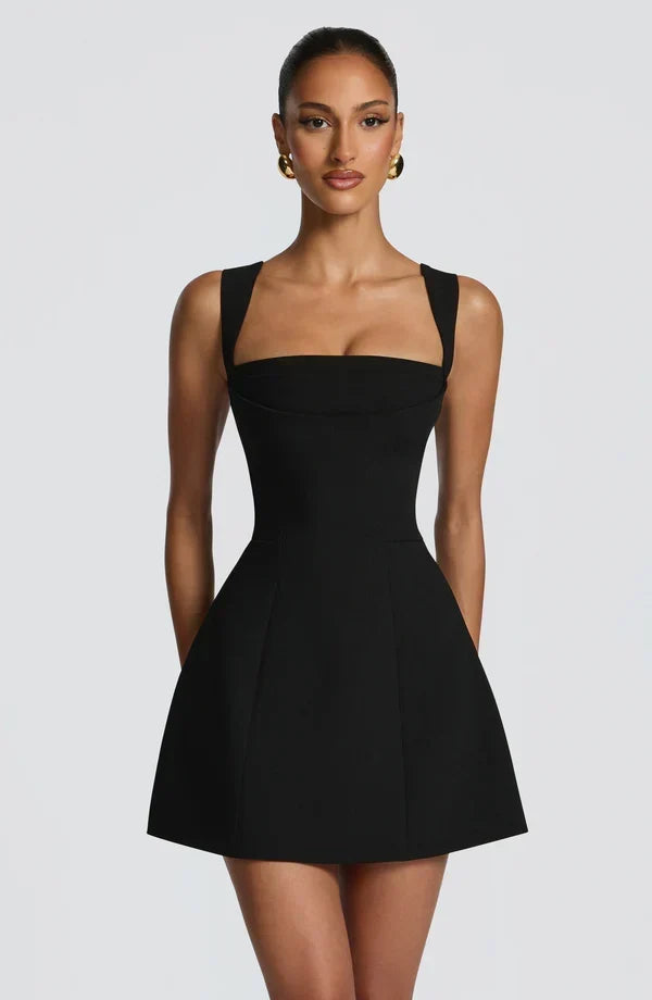 Isabeau Mini Dress – Boned Corset, Square Neckline, Flared Skirt