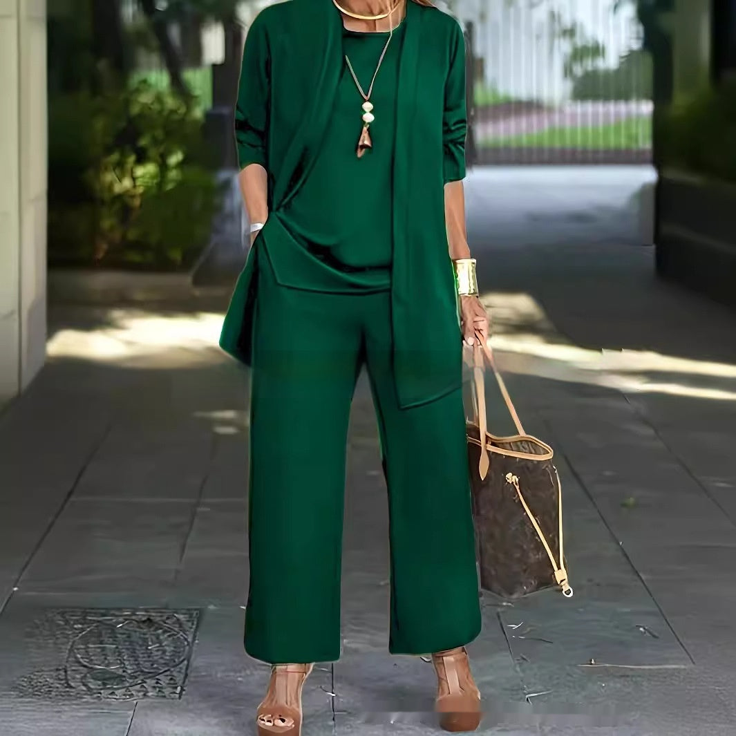 3-piece Cardigan Suit Pure Color Split Sleeveless Vest Top Long Sleeve Jacket And Wide Leg Pants Set