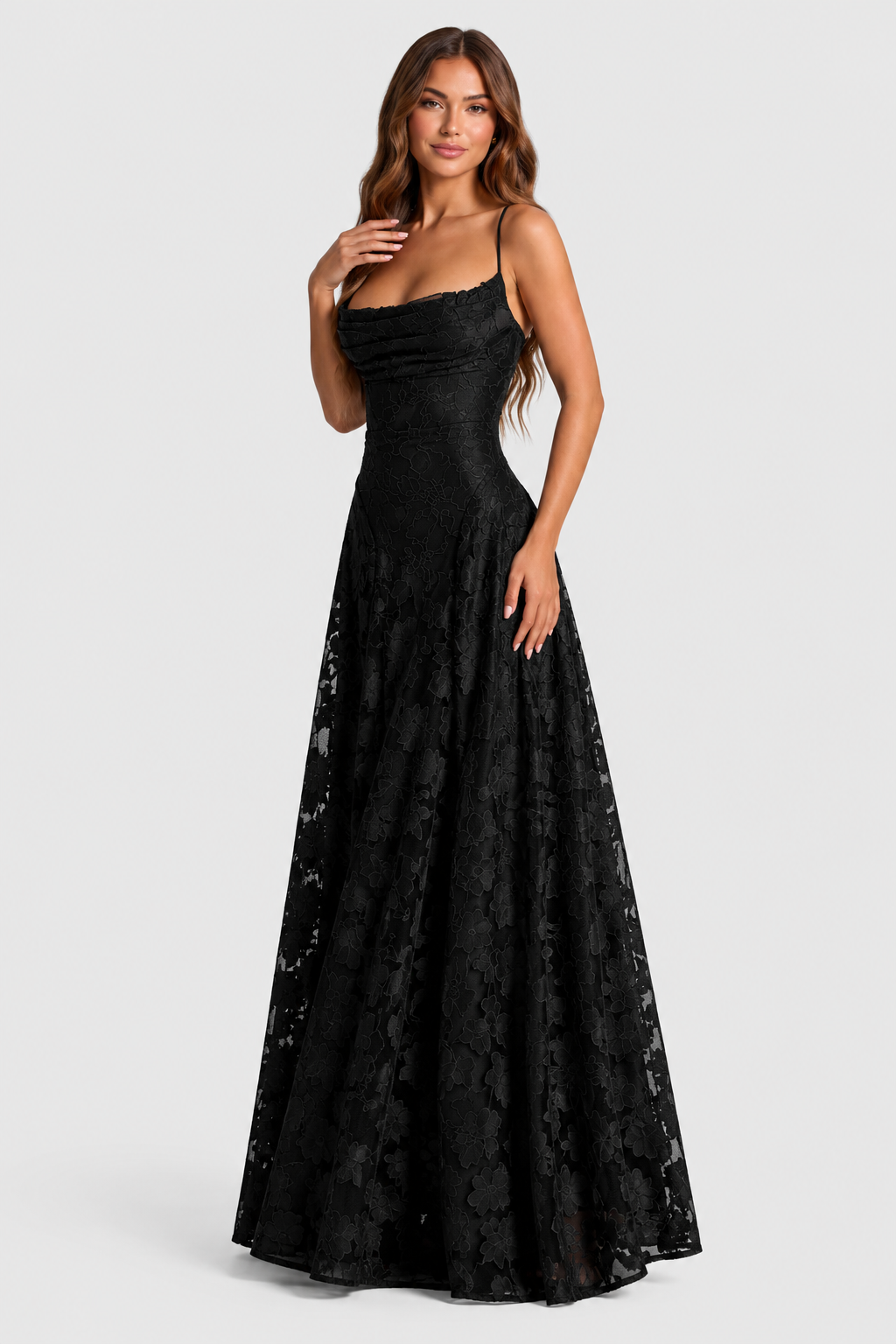 Raised 3D floral lace A-line midi-maxi dress with draped neckline