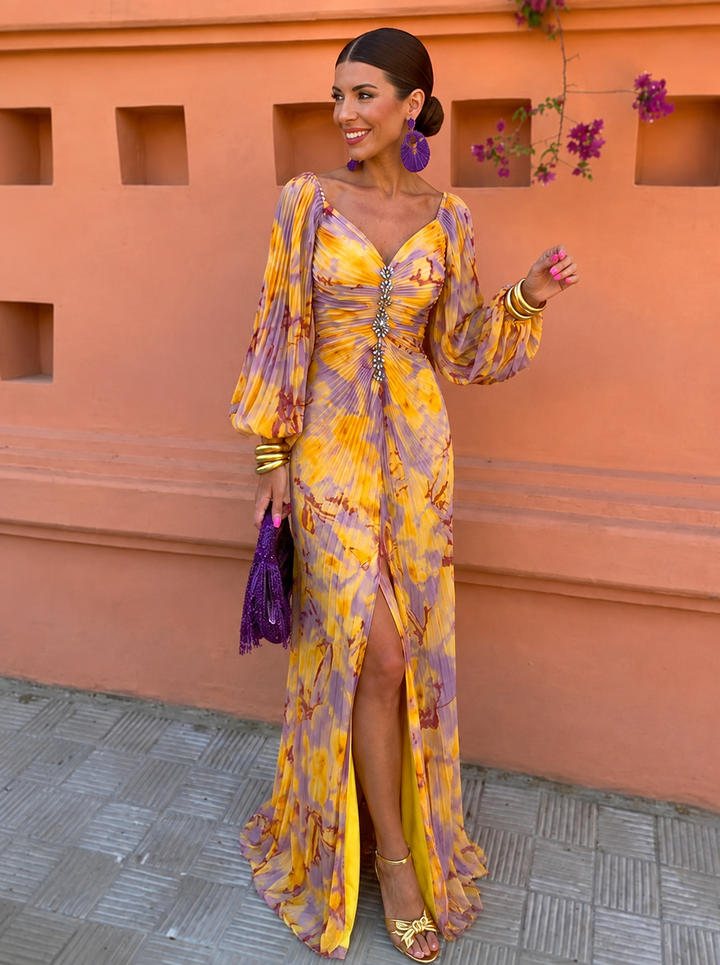 Women's Floral Maxi Dress with Off-Shoulder Neckline and Pleated Skirt