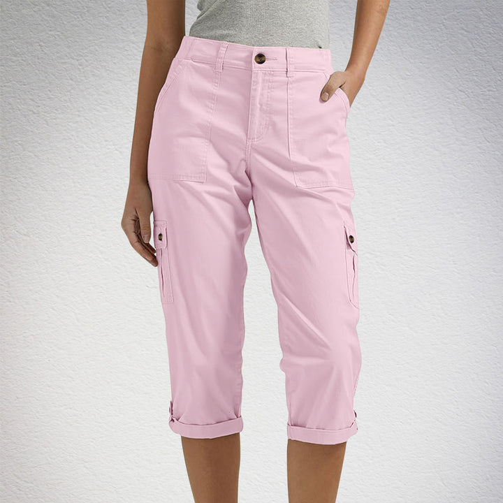 Solid Color Casual Cropped Pants - Women's High Waist Multiple Pockets Capri Trousers for Daily Wear
