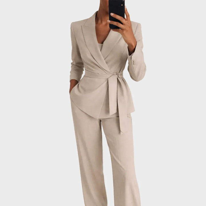 Women's Blazer and Pants Set with Wrap Front and Tie Belt