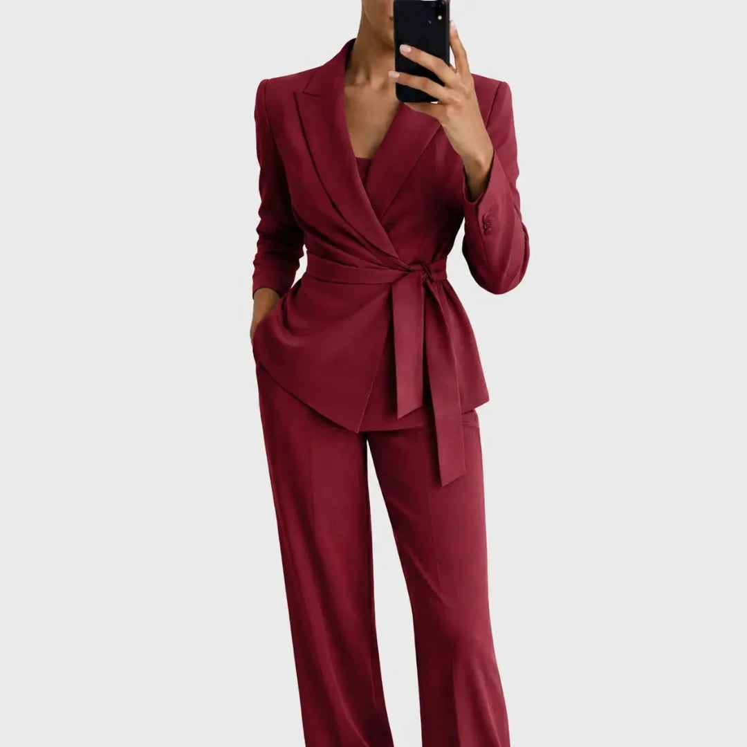 Women's Blazer and Pants Set with Wrap Front and Tie Belt