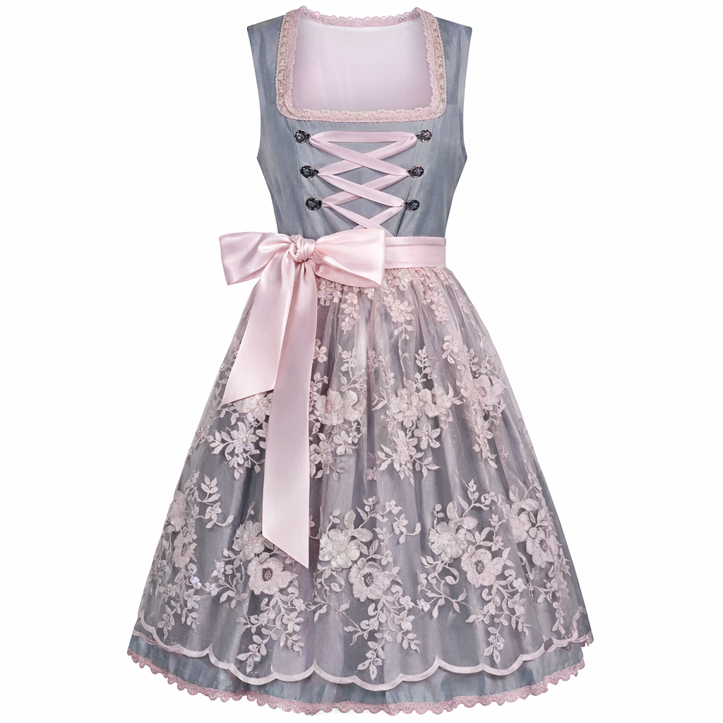 Women's Dirndl Dress with Stand-Up Collar, Front Lace-Up and Lace Inset