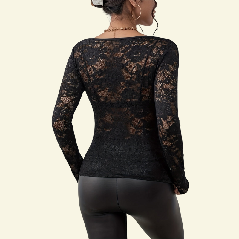 Women's long-sleeved lace blouse with V-neck and wavy trim