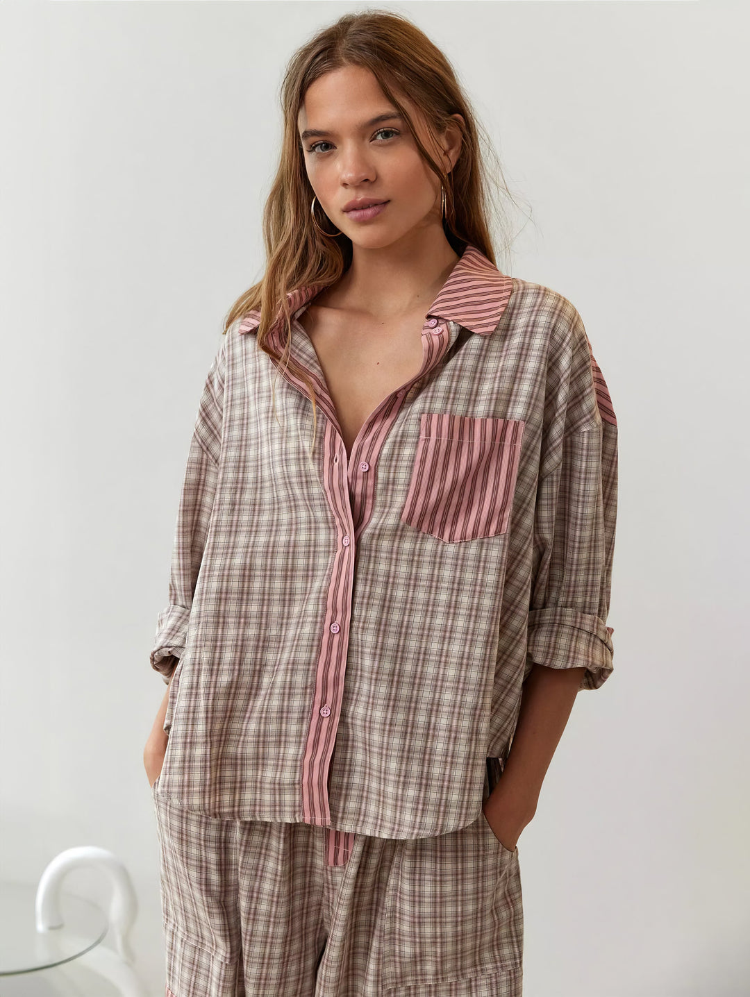 Women's pyjama set with button-up shirt and pants with elasticated waist