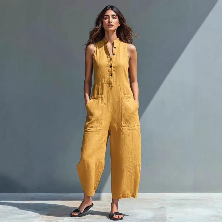 Summer Sleeveless Jumpsuit With Pockets Fashion Casual V-Neck Buttons Trousers Women's Overall Pants