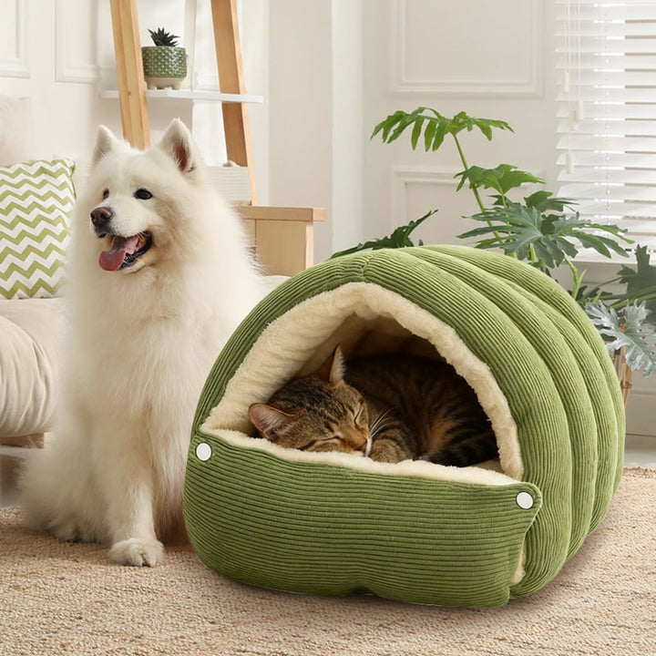 Dog Bed with Self Warming Cat Cave Design Plush Fleece Hooded Pet Window