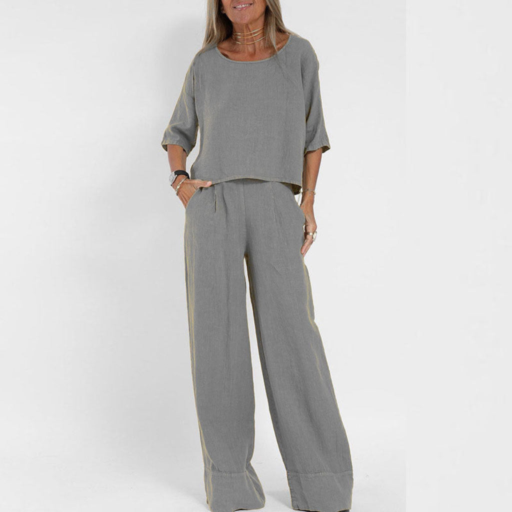 Women's Cotton And Linen Casual Cropped Sleeves Wide-leg Pants Suit