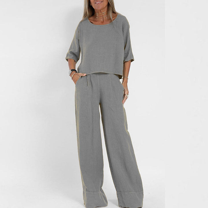 Women's Cotton And Linen Casual Cropped Sleeves Wide-leg Pants Suit