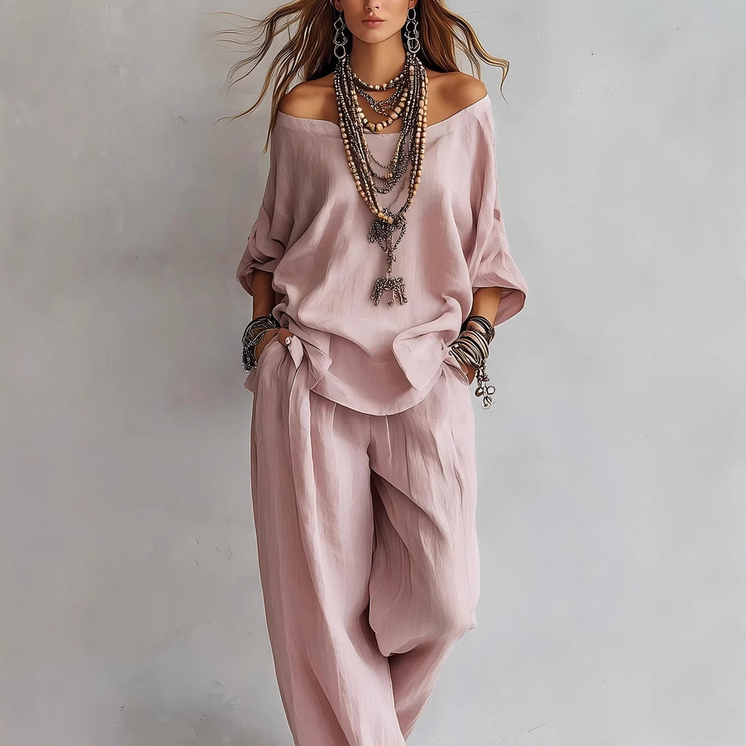 Off-shouder Suits Fashion Three-quarter Sleeves Top And Loose Pockets Wide-Leg Pants Set Women's Clothing