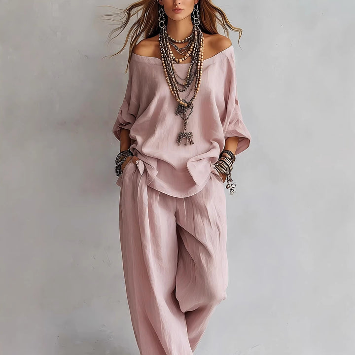 Off-shouder Suits Fashion Three-quarter Sleeves Top And Loose Pockets Wide-Leg Pants Set Women's Clothing