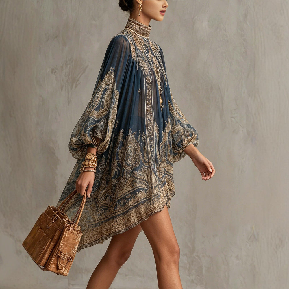 European And American-style High-neck Printed Chiffon Dress