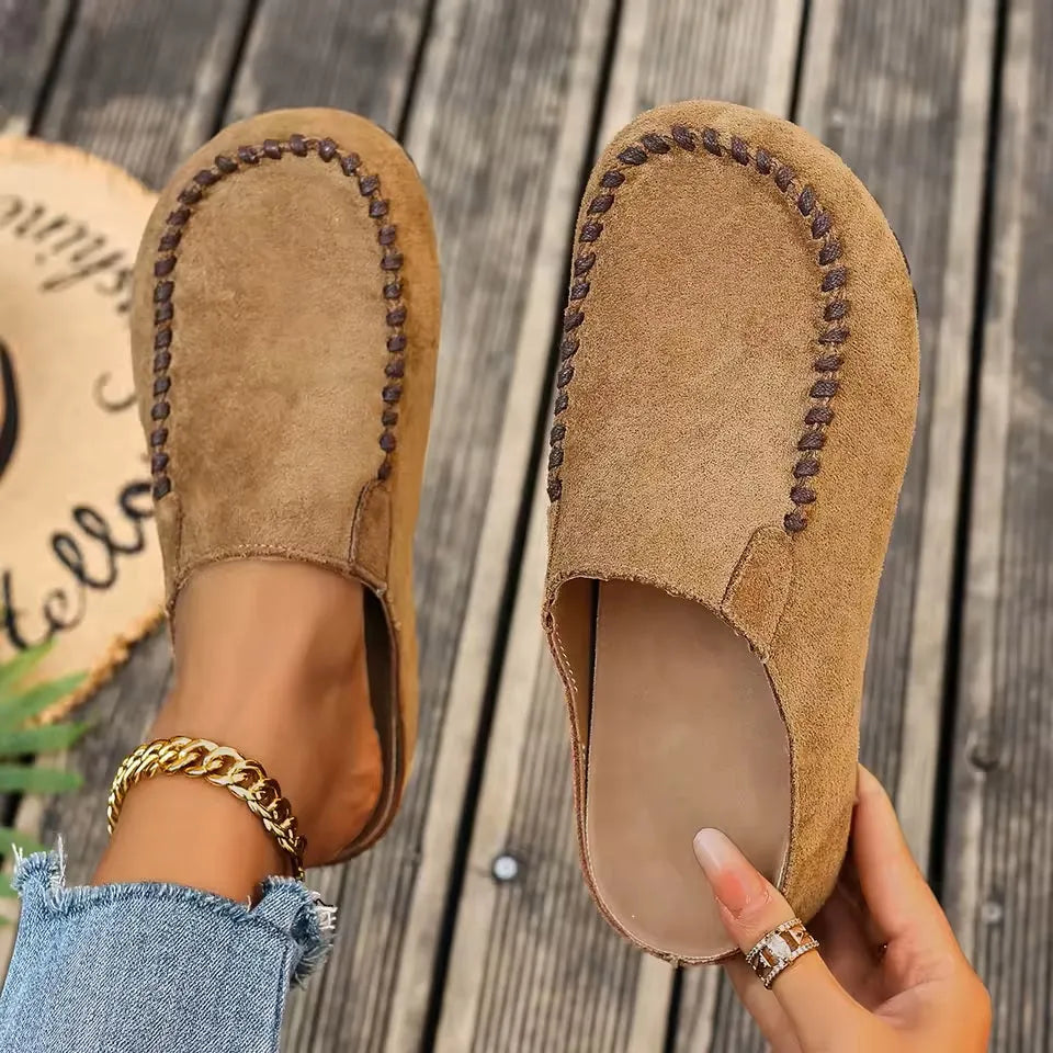 Slip-On Leather Sandals with Orthopedic, Soft Suede-Look Upper and Flat Sole