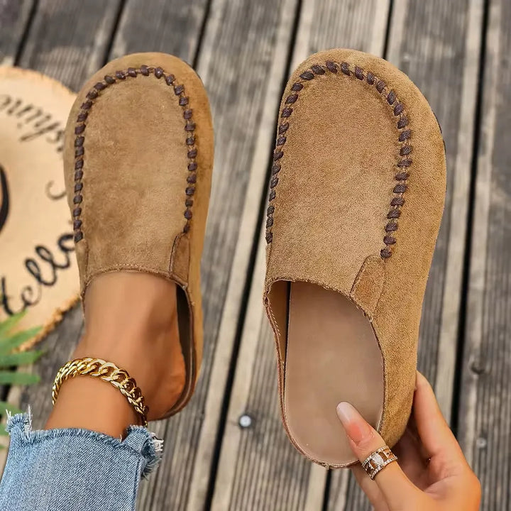 Leather Slip-On Orthopedic Sandals with Suede-Like Soft Upper and Flat Sole