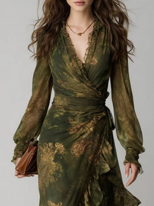 Women's Green Floral Wrap Maxi Dress with V-Neck, Long Sleeves and Ruffle Tiers