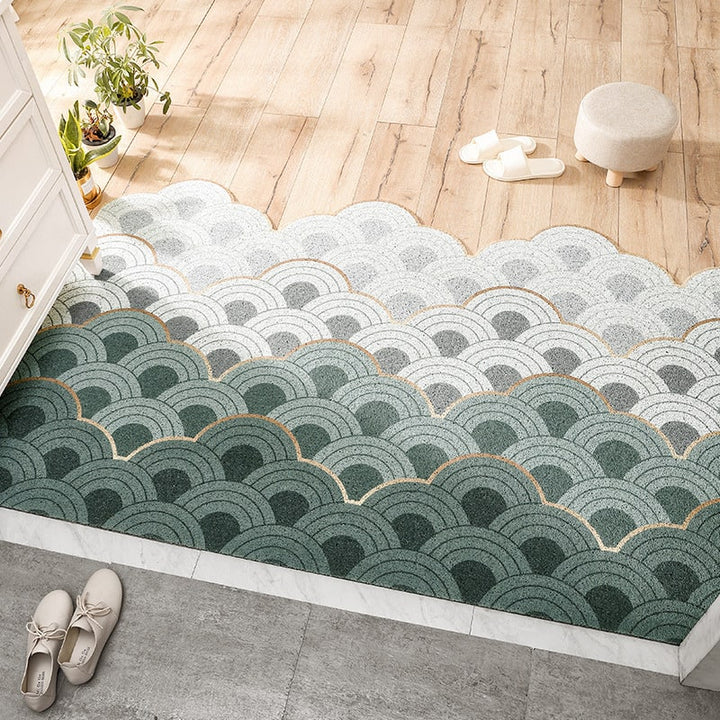 Entryway Outdoor Doormat with Low Profile Textured PVC Coil and Scalloped Edges for Welcome