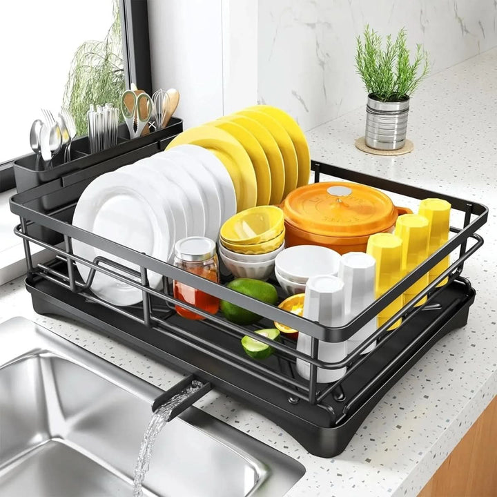 Expandable Dish Drying Rack with Integrated Drip Tray and Over Sink Extension