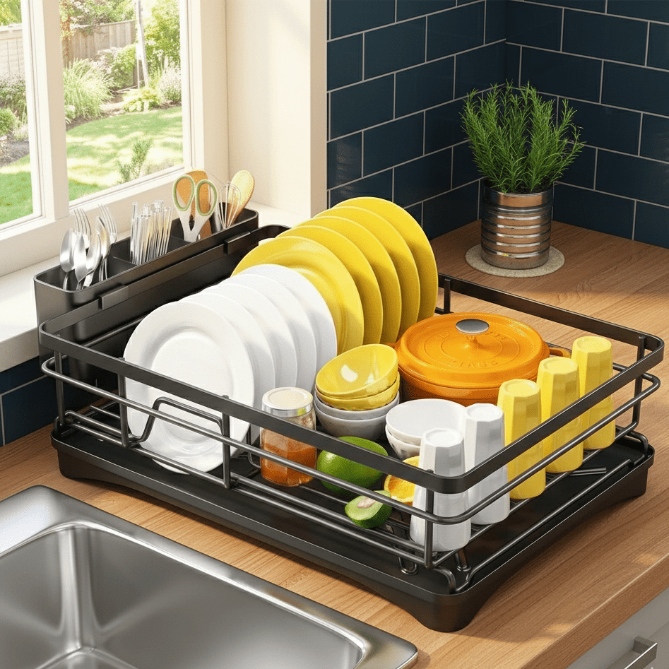 Expandable Dish Drying Rack with Integrated Drip Tray and Over Sink Extension