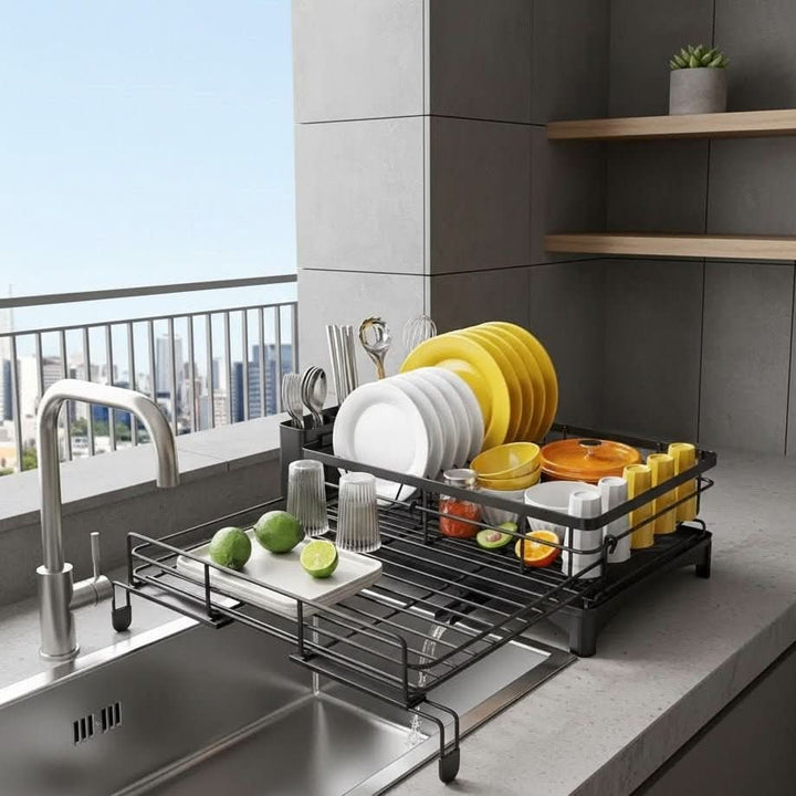 Expandable Dish Drying Rack with Integrated Drip Tray and Over Sink Extension