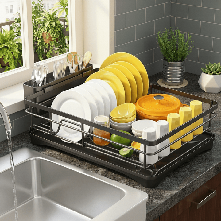 Expandable Dish Drying Rack with Integrated Drip Tray and Over Sink Extension