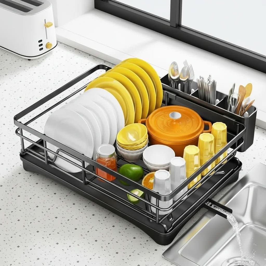 Expandable Dish Drying Rack with Integrated Drip Tray and Over Sink Extension