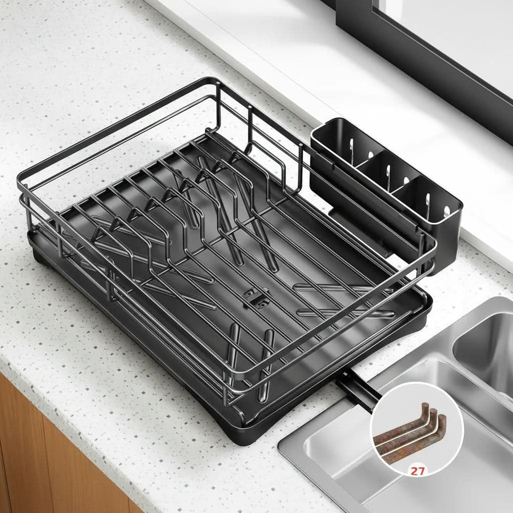 Expandable Dish Drying Rack with Integrated Drip Tray and Over Sink Extension