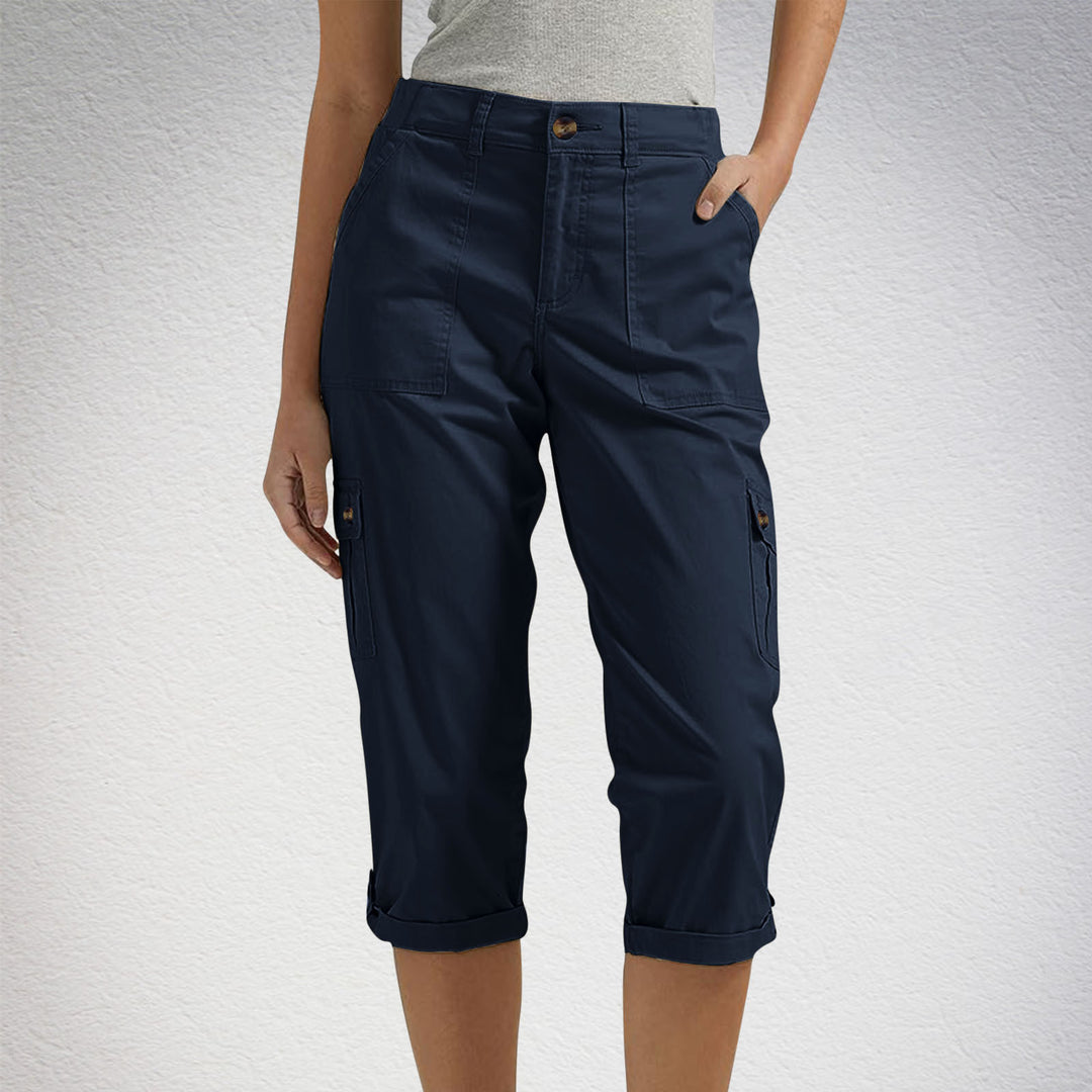 Solid Color Casual Cropped Pants - Women's High Waist Multiple Pockets Capri Trousers for Daily Wear