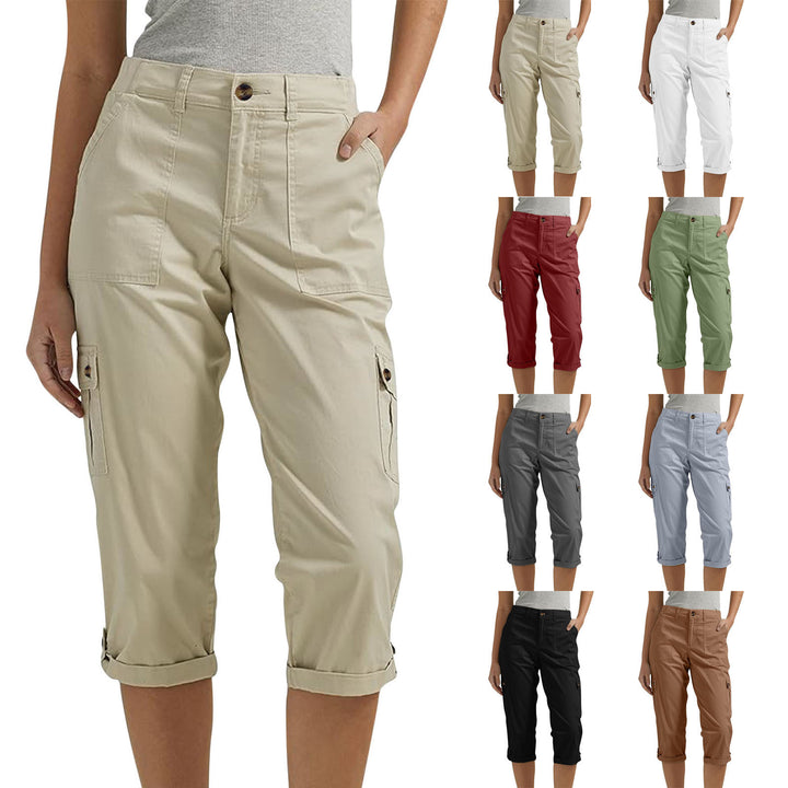 Solid Color Casual Cropped Pants - Women's High Waist Multiple Pockets Capri Trousers for Daily Wear