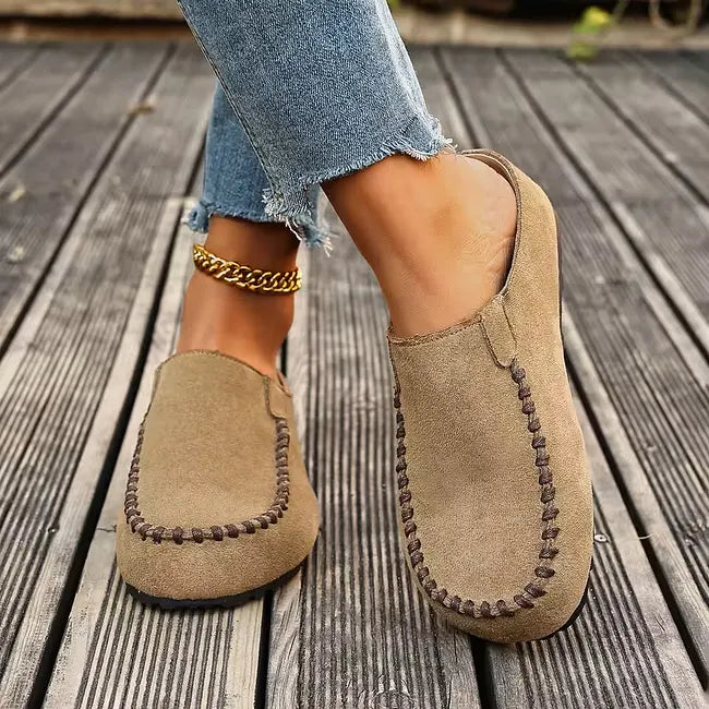 Leather Slip-On Orthopedic Sandals with Suede-Like Soft Upper and Flat Sole