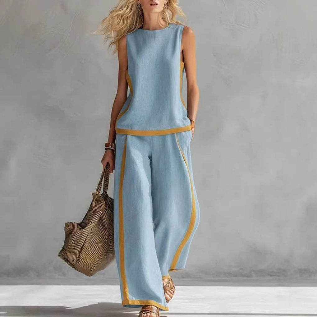 Summer Suits Round-neck Sleeveless Vest Top And High-waist Wide-leg Pants Casual Loose Set