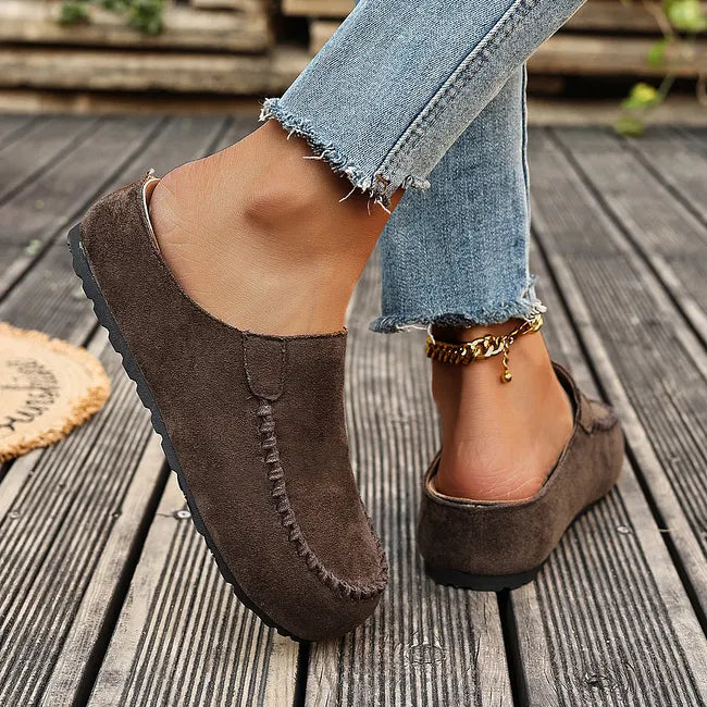 Slip-On Leather Sandals with Orthopedic, Soft Suede-Look Upper and Flat Sole
