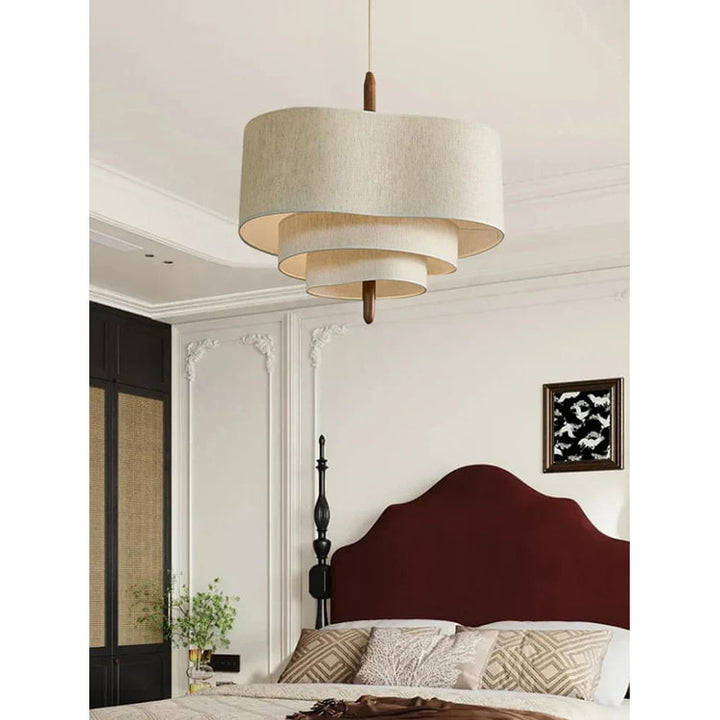 Fabric Pendant Light with Wavy Shade and Wooden Rod for Dining Room Living