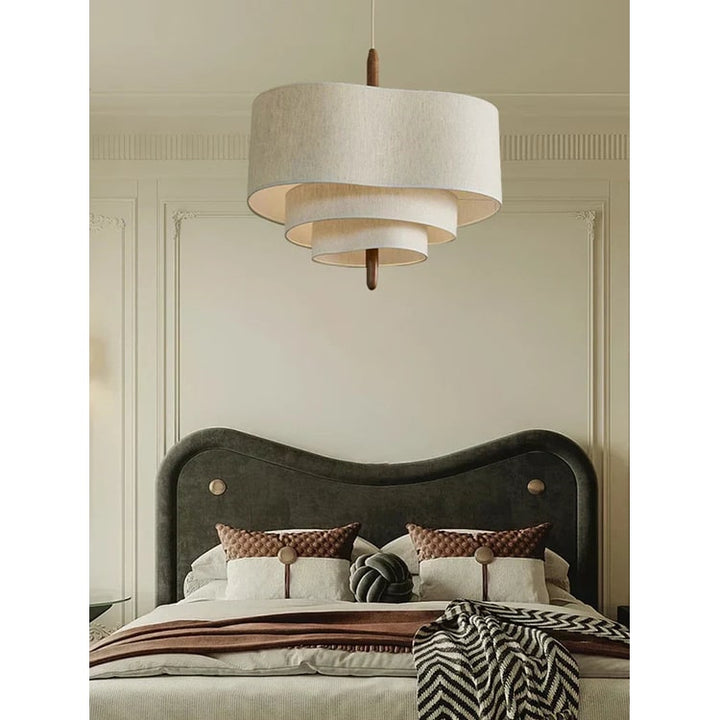Fabric Pendant Light with Wavy Shade and Wooden Rod for Dining Room Living