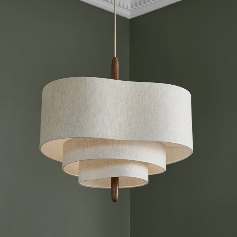 Fabric Pendant Light with Wavy Shade and Wooden Rod for Dining Room Living