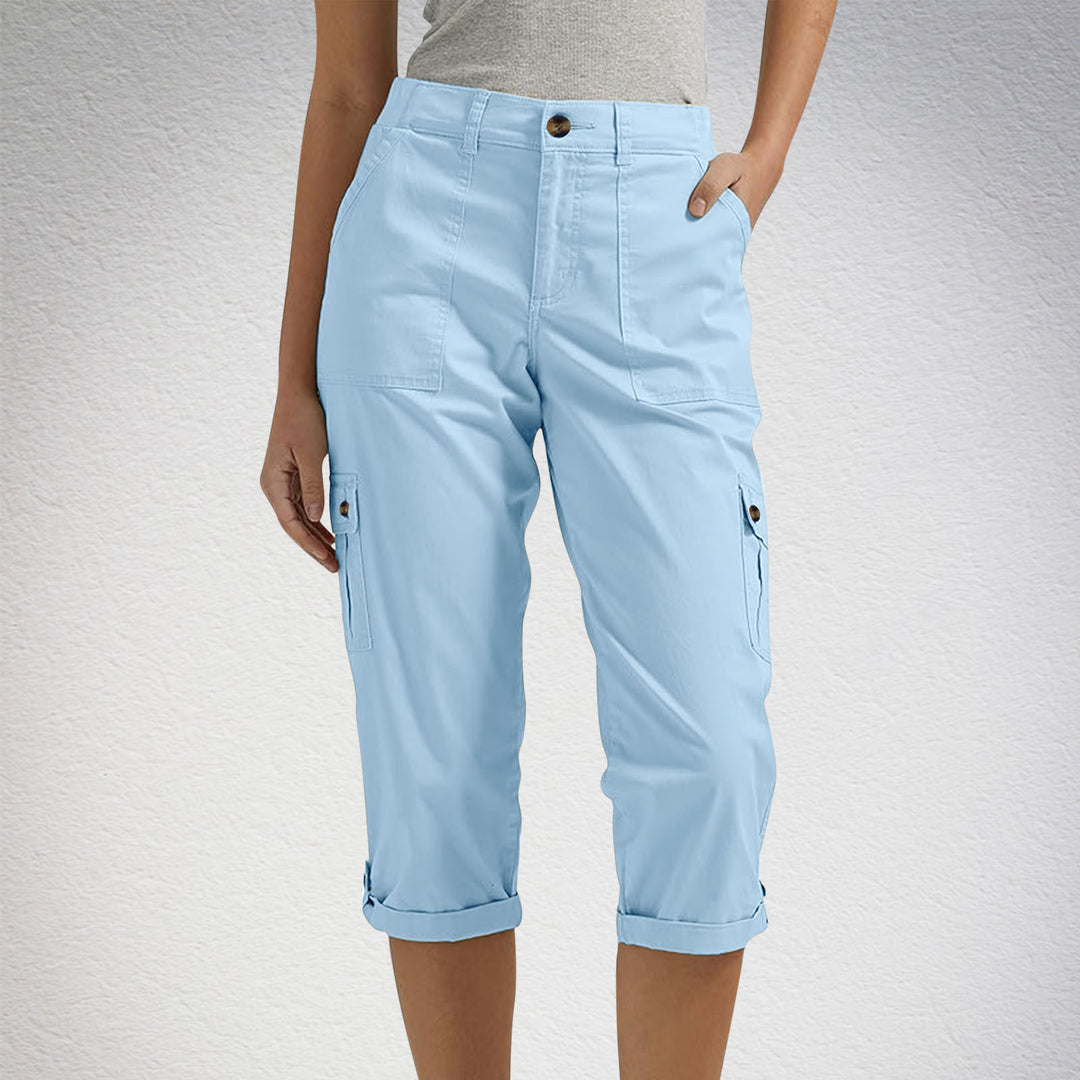 Solid Color Casual Cropped Pants - Women's High Waist Multiple Pockets Capri Trousers for Daily Wear