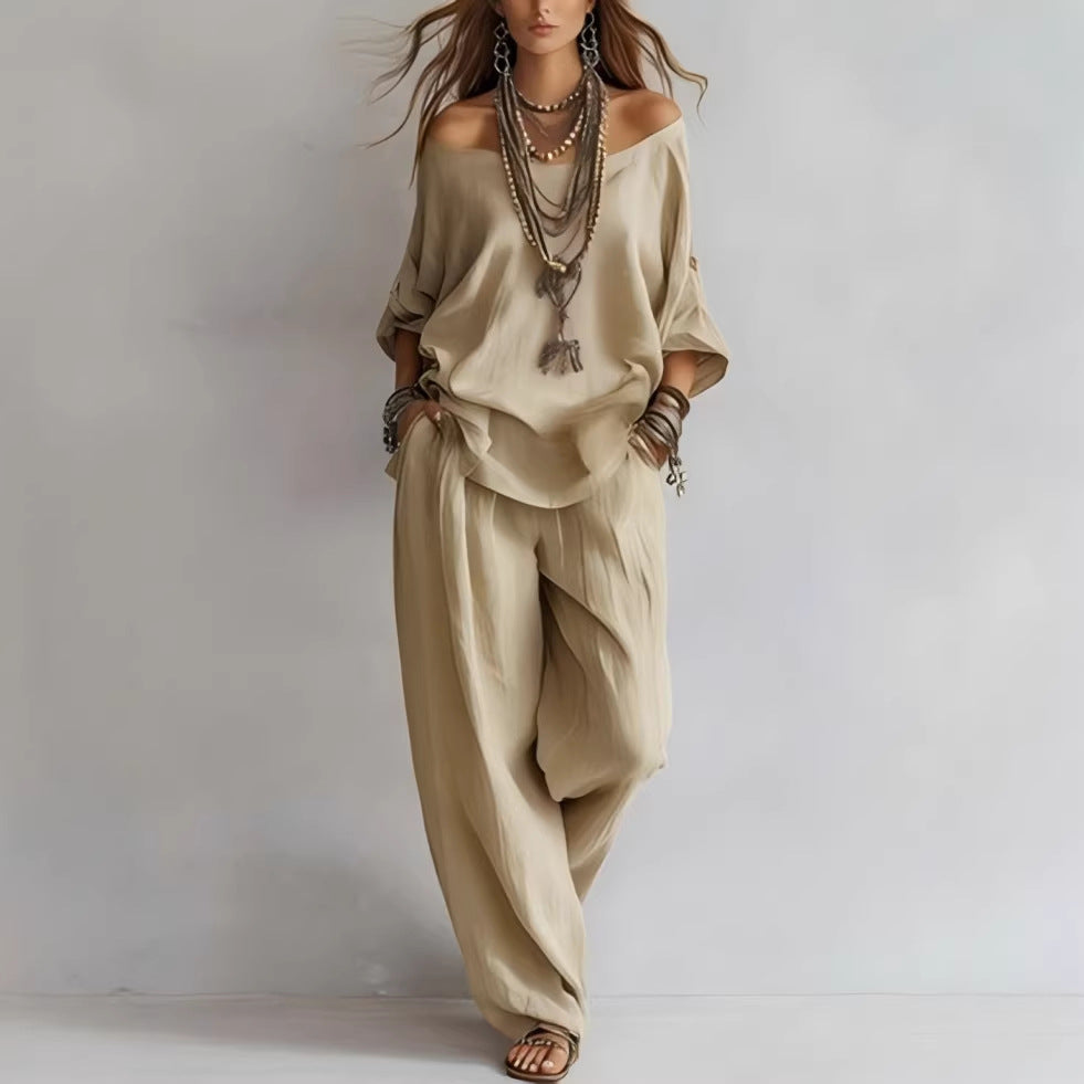Off-shouder Suits Fashion Three-quarter Sleeves Top And Loose Pockets Wide-Leg Pants Set Women's Clothing