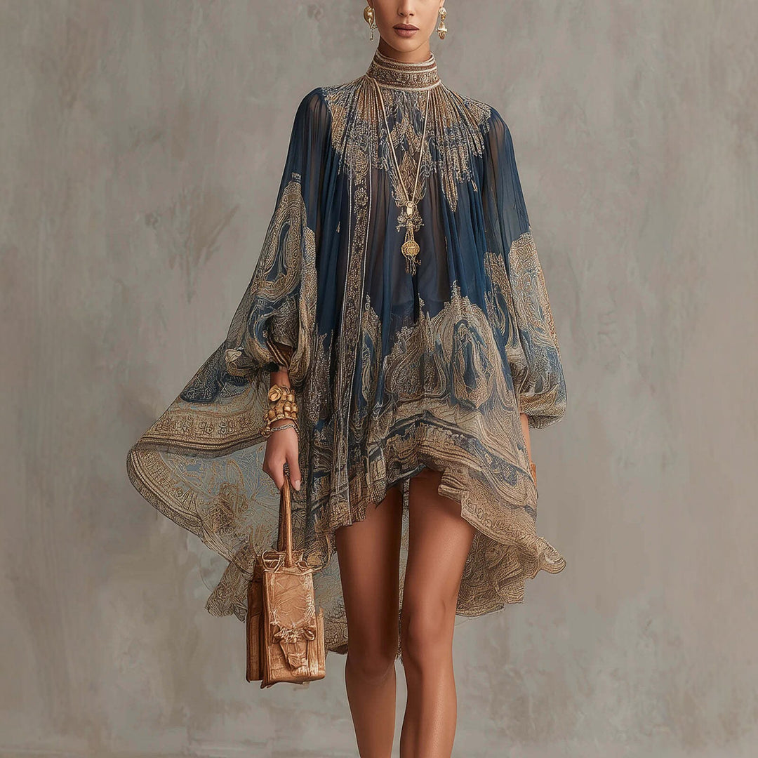 European And American-style High-neck Printed Chiffon Dress
