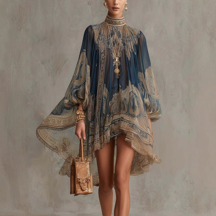 European And American-style High-neck Printed Chiffon Dress