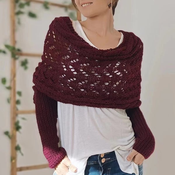 Wrap Scarf with Double Sleeves - Warm Knitted Scarf with Built-In Sleeves